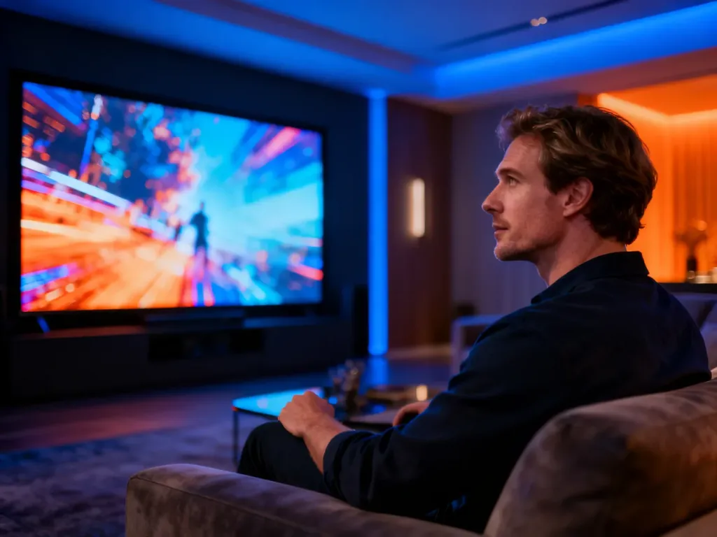 Mężczyzna oglądający film na dużym telewizorze w salonie, prezentujący wysoką jakość obrazu i kontrast technologii Dolby Vision.