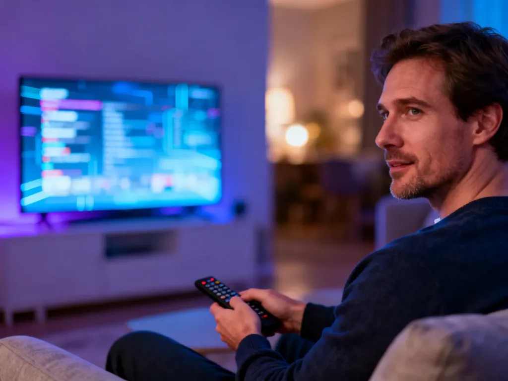 Mężczyzna siedzący na kanapie z pilotem w dłoni, oglądający treści na nowoczesnym telewizorze typu smart TV.