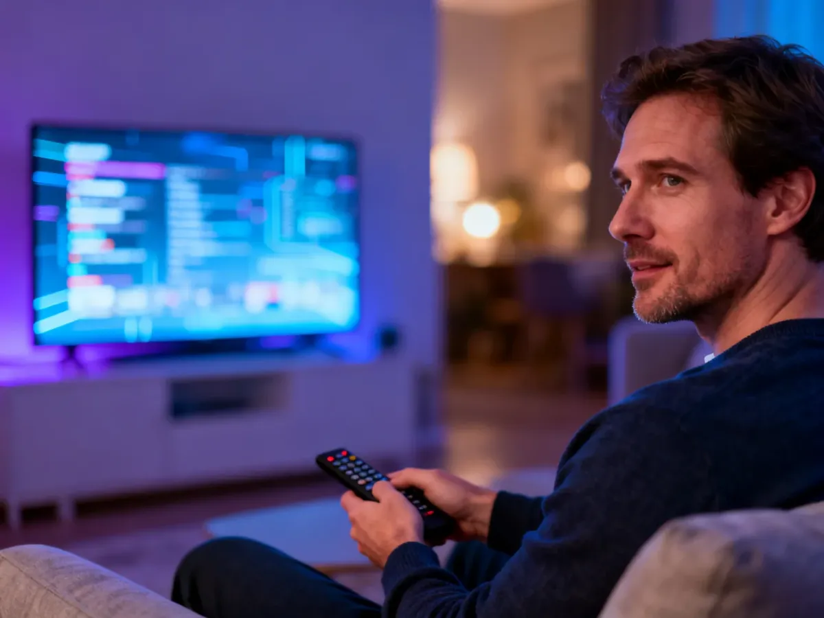 Mężczyzna siedzący na kanapie z pilotem w dłoni, oglądający treści na nowoczesnym telewizorze typu smart TV.