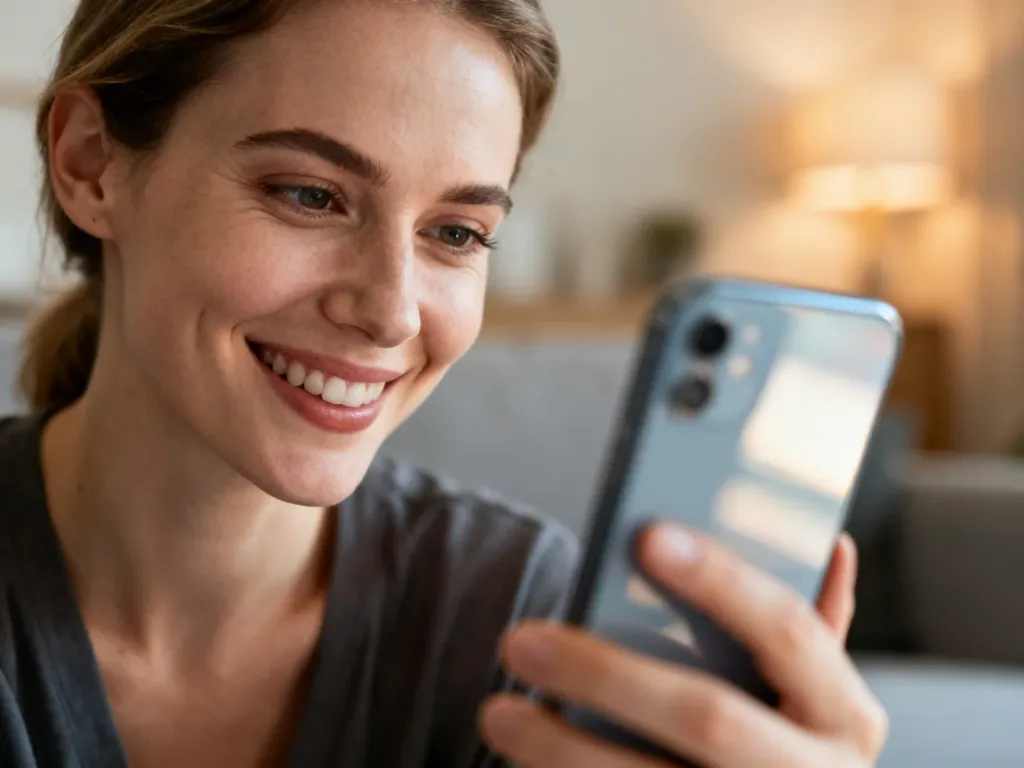Uśmiechnięta kobieta prowadząca rozmowę wideo na smartfonie w przytulnym salonie.