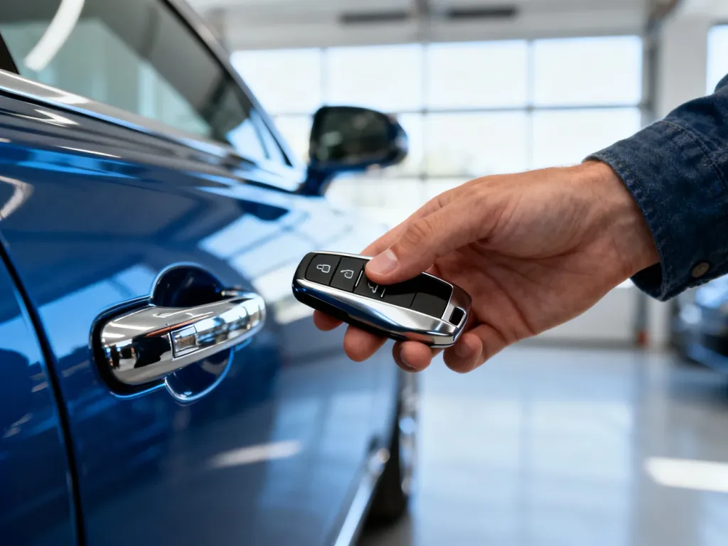 Dłoń naciskająca przycisk na nowoczesnym kluczyku samochodowym typu keyless w pobliżu drzwi luksusowego auta.