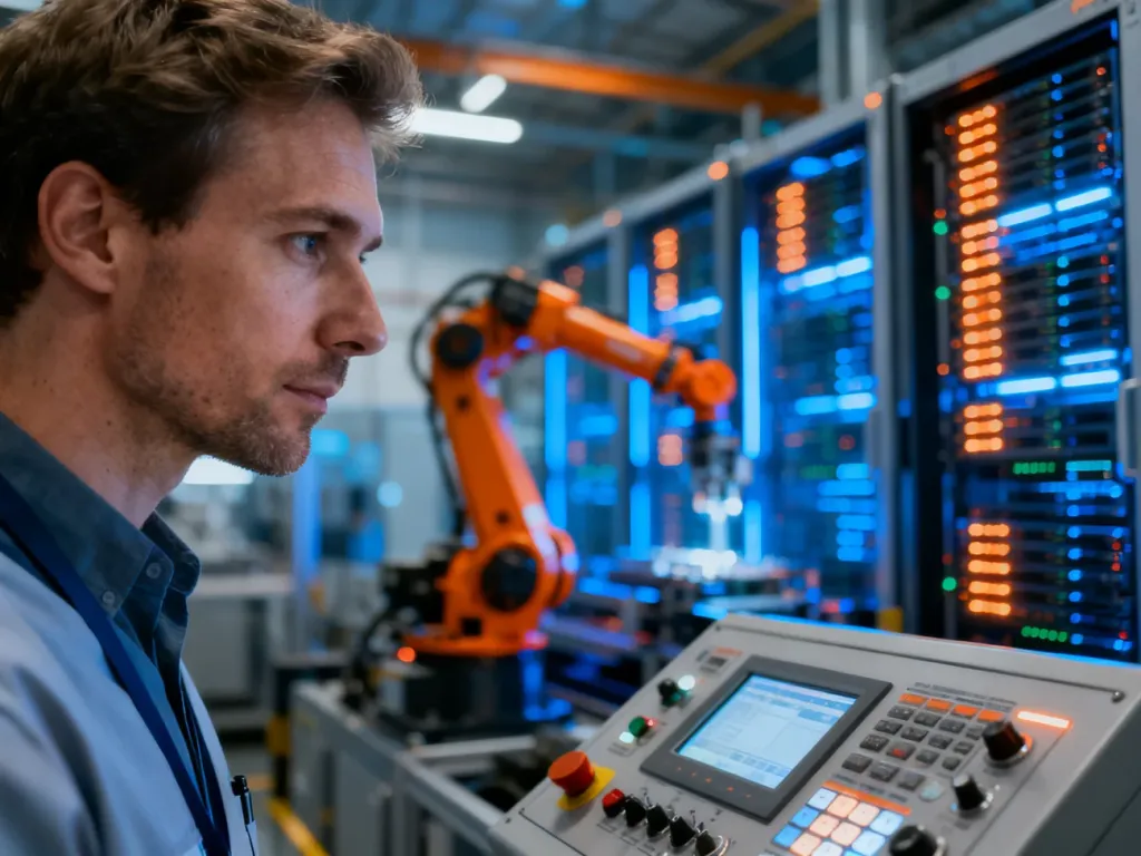 Inżynier obsługujący nowoczesny panel sterowania w zautomatyzowanej hali produkcyjnej z systemami SCADA.