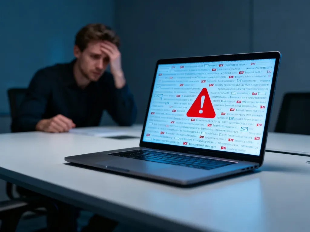 Zestresowany pracownik przed laptopem z wieloma wiadomościami e-mail i ikoną ostrzegawczą, symbolizującą zagrożenia cyfrowe.
