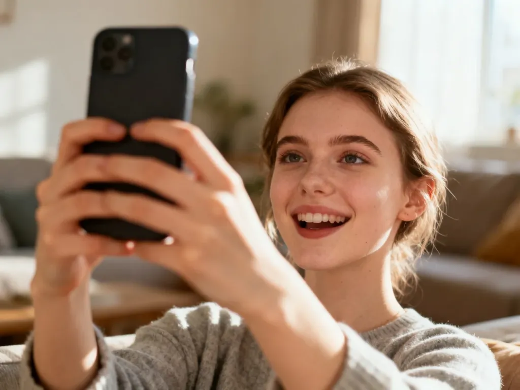 Młoda kobieta robi sobie spontaniczne selfie smartfonem w przytulnym salonie, ilustrując działanie aplikacji BeReal.