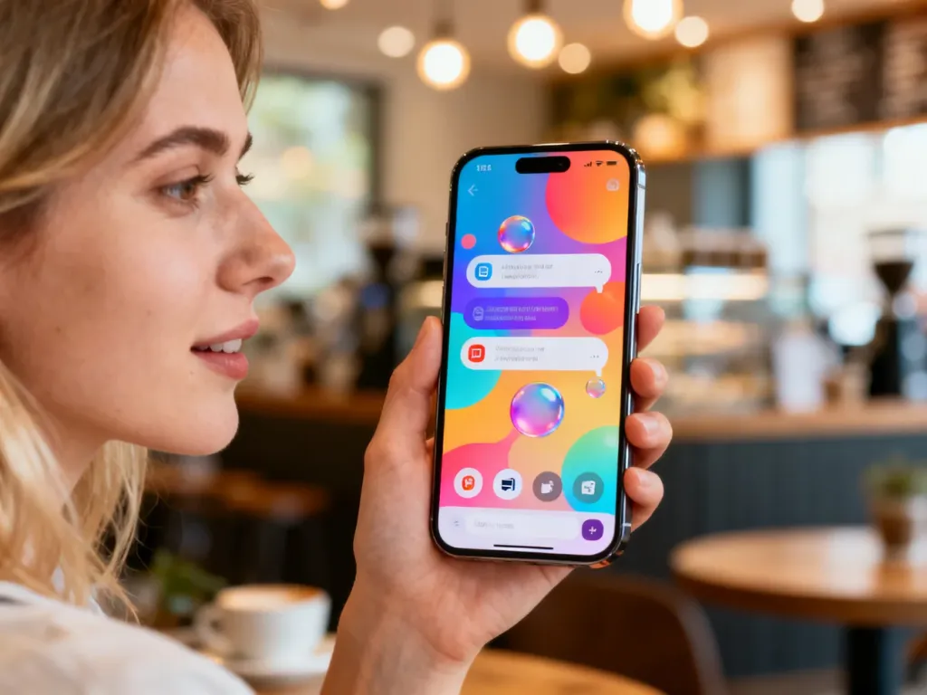 Kobieta trzymająca smartfon z otwartą aplikacją Viber w przytulnej kawiarni.