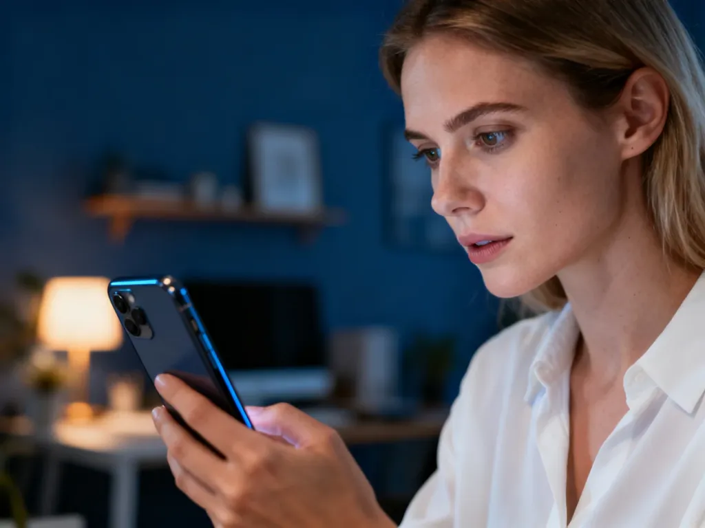 Kobieta skupiona na ekranie smartfona w przytulnym biurze domowym, korzystająca z usług finansowych online.