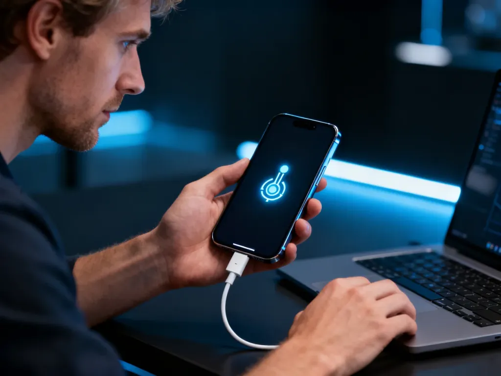 Mężczyzna podłączający smartfon do laptopa kablem USB w celu przeprowadzenia procesu Fastboot.