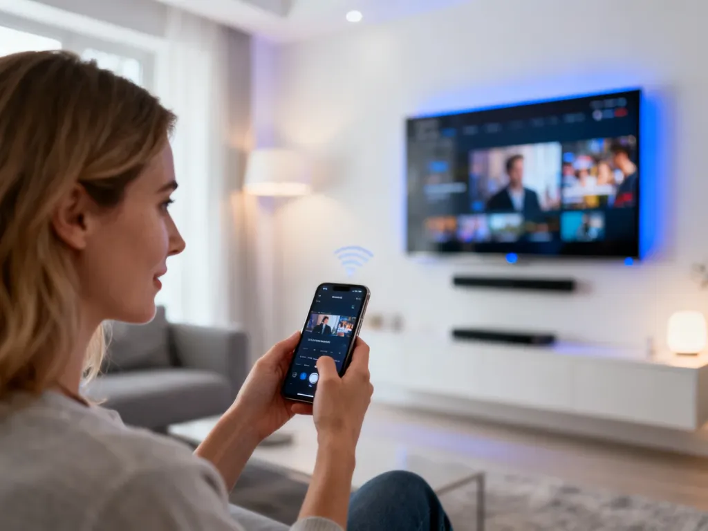 Kobieta przesyła bezprzewodowo obraz ze smartfona na nowoczesny telewizor w przytulnym salonie.
