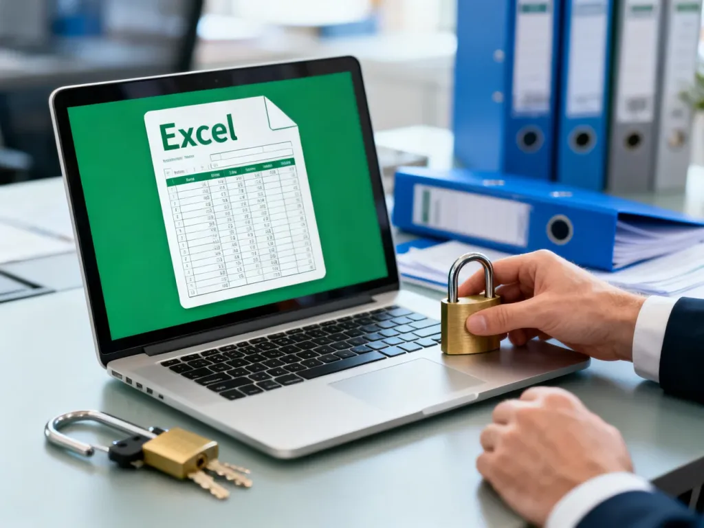 Dłoń profesjonalisty pracująca przy laptopie z zablokowanym plikiem Excel w nowoczesnym biurze.