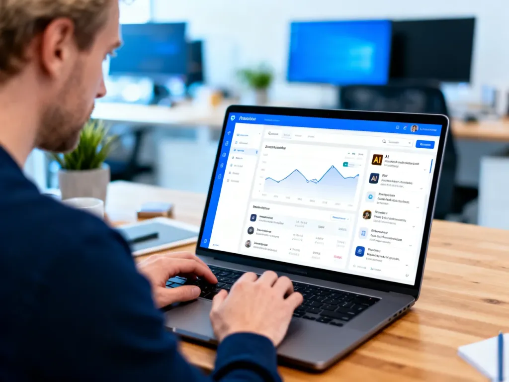 Specjalista SEO analizuje wyniki wyszukiwania z AI Overviews na laptopie w nowoczesnym biurze
