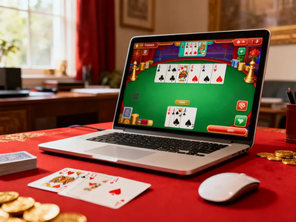 Laptop z otwartą grą w pasjansa na biurku w przytulnym domowym biurze.