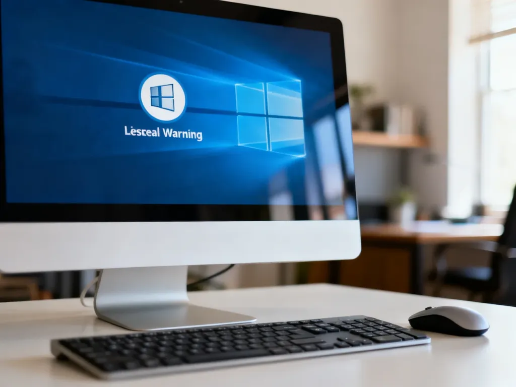 Monitor komputera z symbolem ostrzeżenia o wygasającej licencji systemu Windows w domowym biurze.