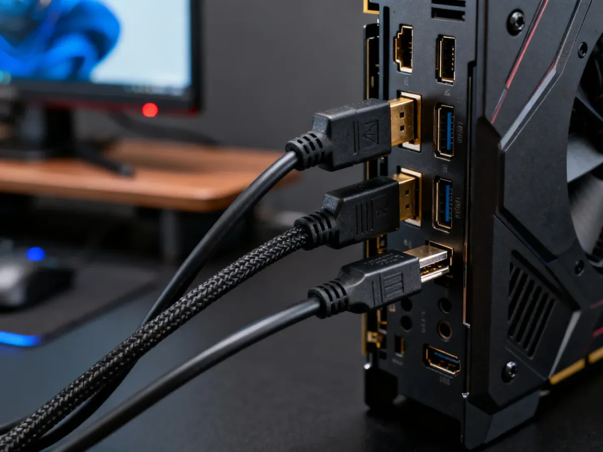 Przewody HDMI i DisplayPort podłączone do monitora i karty graficznej
