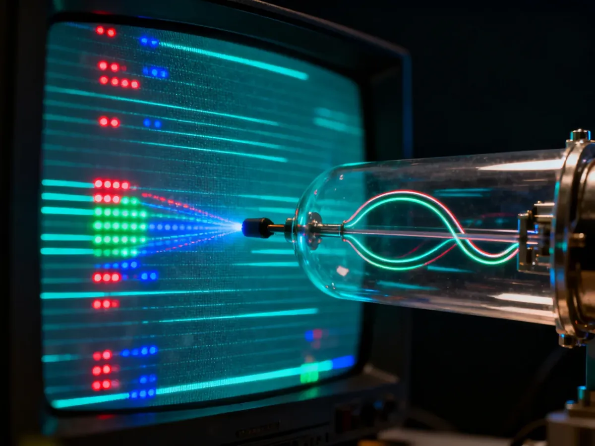 Wiązka elektronów skanująca ekran kineskopu CRT i pobudzająca kolorowy luminofor
