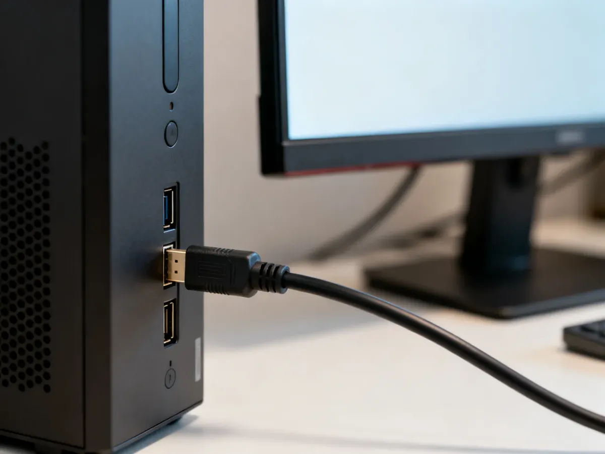 Komputer i monitor połączone kablem HDMI