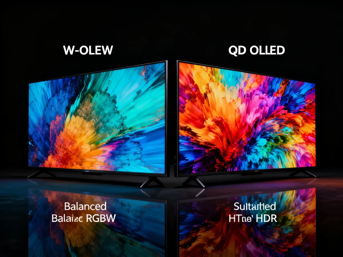 Porównanie ekranów W-OLED i QD-OLED prezentujących różnice w kolorach i kontraście