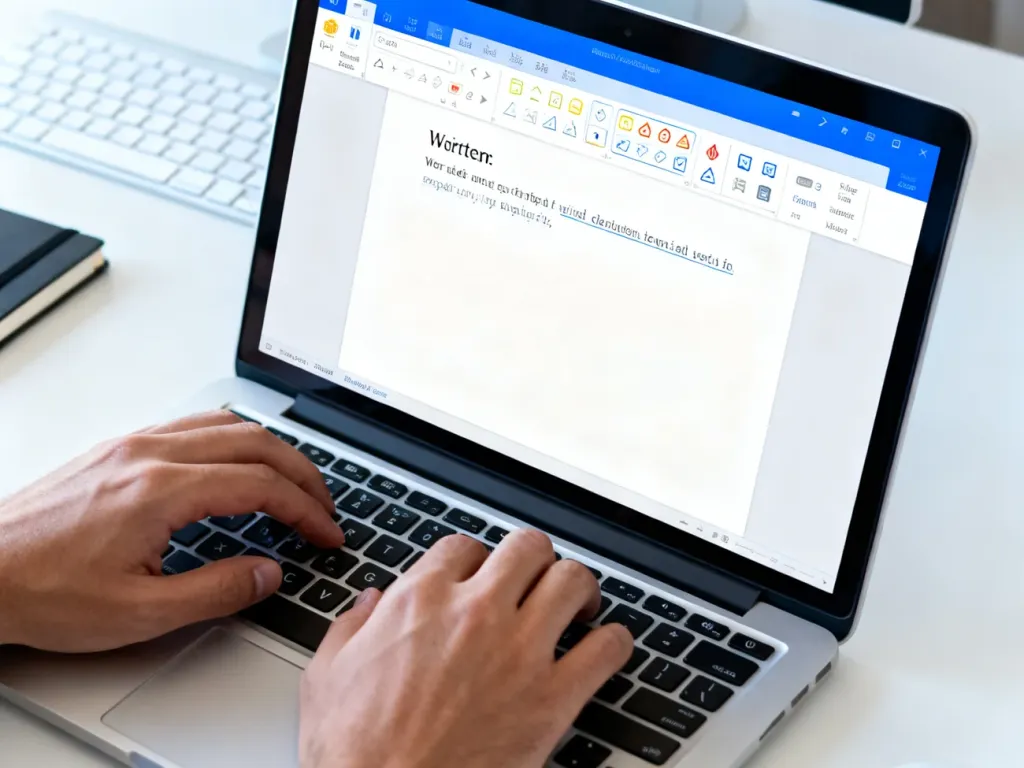 Dłonie pracujące na laptopie z otwartym edytorem tekstu i widocznymi ikonami formatowania w pasku narzędzi.