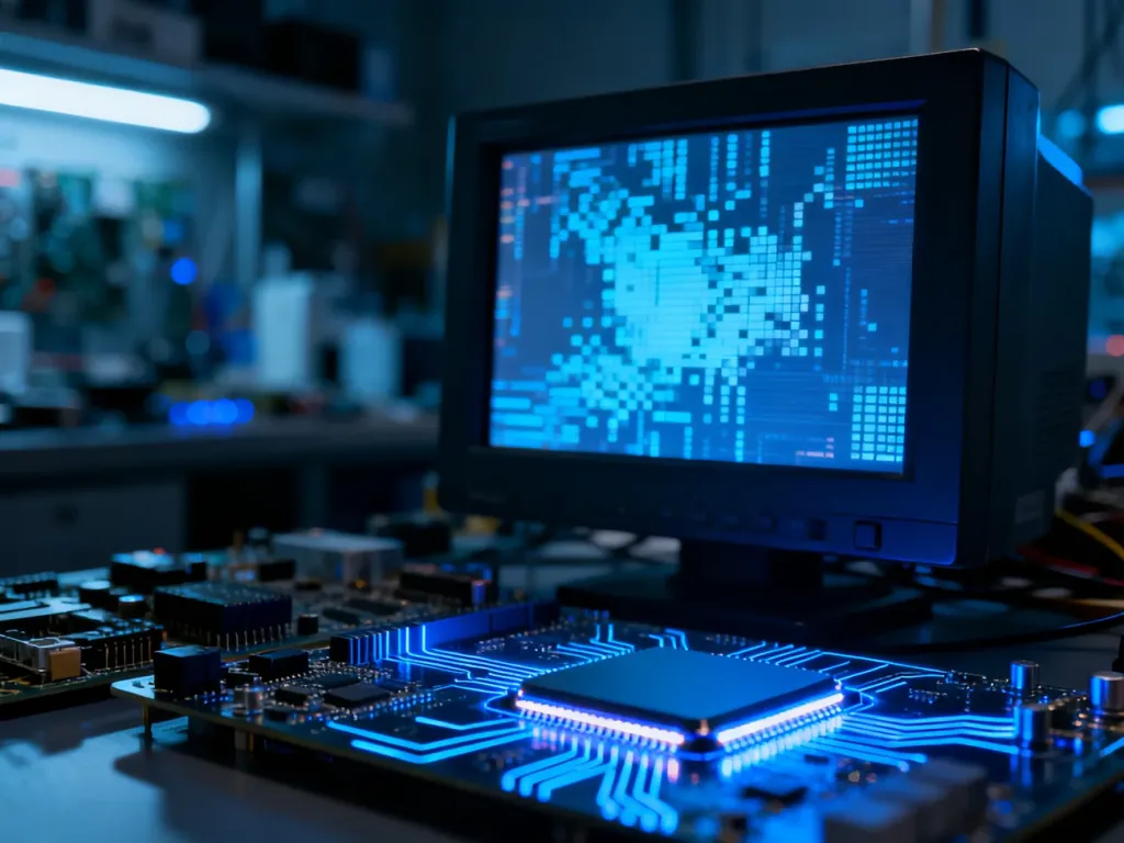 Zabytkowy monitor LCD wyświetlający cyfrowe wzory obok nowoczesnej płytki drukowanej w technologicznym laboratorium.