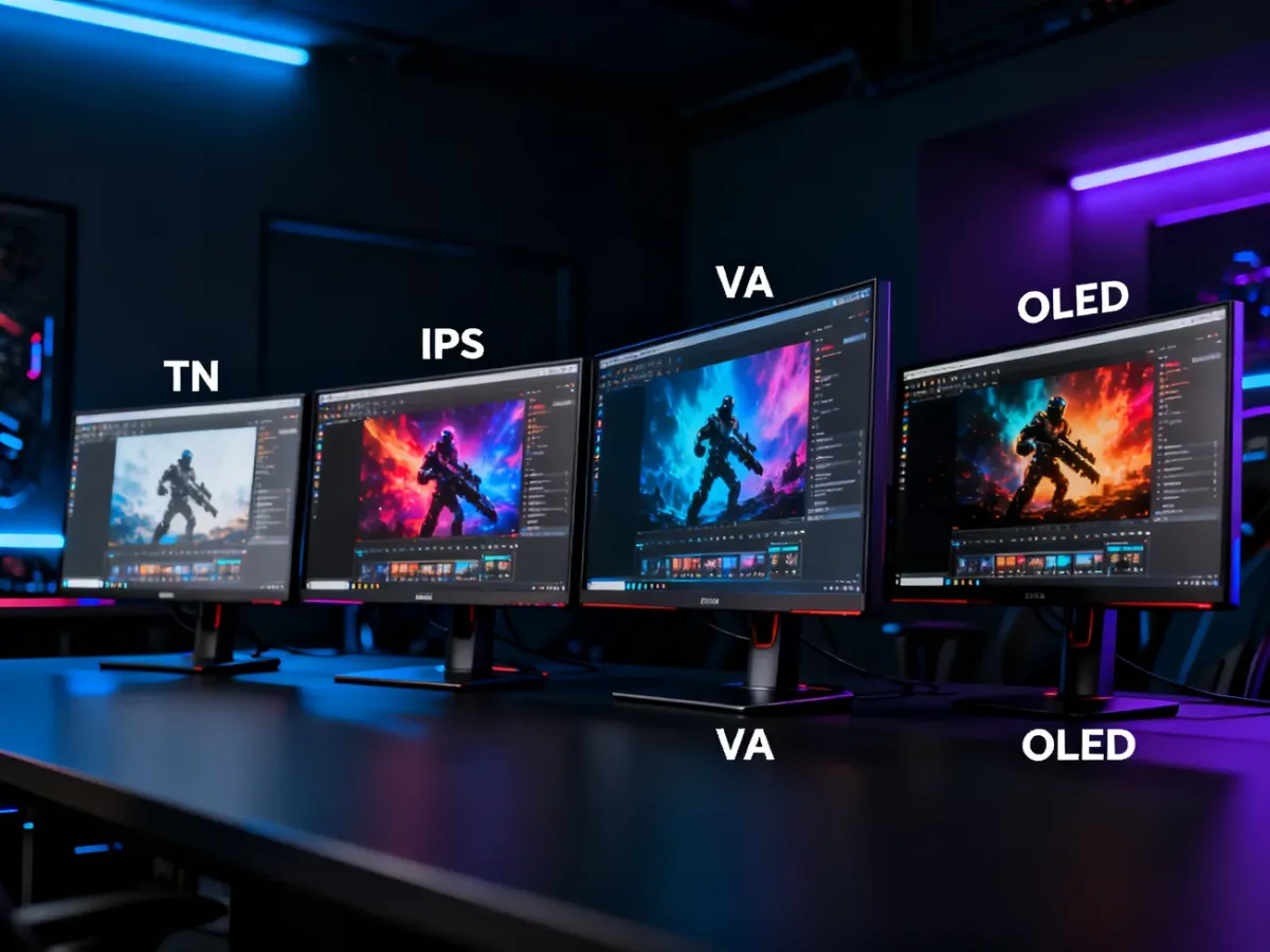 Cztery monitory gamingowe prezentujące różnice między matrycami TN, IPS, VA i OLED
