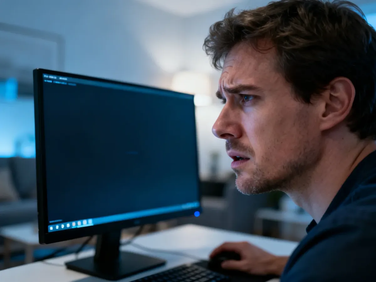 Zirytowany mężczyzna przed komputerem z zawieszonym ekranem, symbolizujący problemy z działaniem systemu Windows 10.