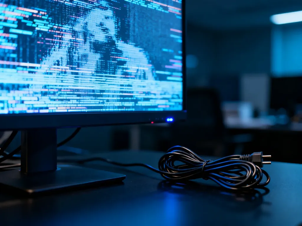 Ekran monitora z widocznymi zakłóceniami obrazu i migotaniem, sugerujący awarię zasilania. Obok leży splątany kabel zasilający.