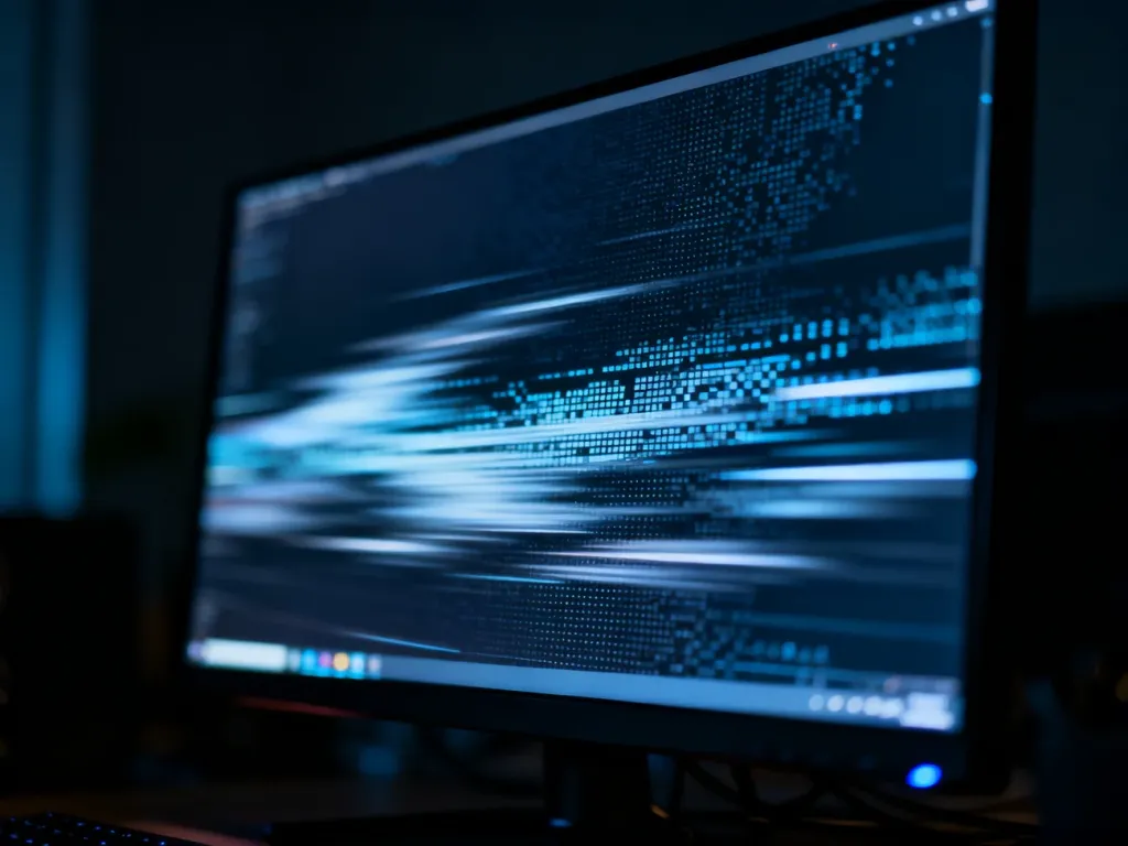 Zbliżenie na ekran monitora z widocznym efektem smużenia i artefaktami ruchu, ilustrujące problem ghostingu.