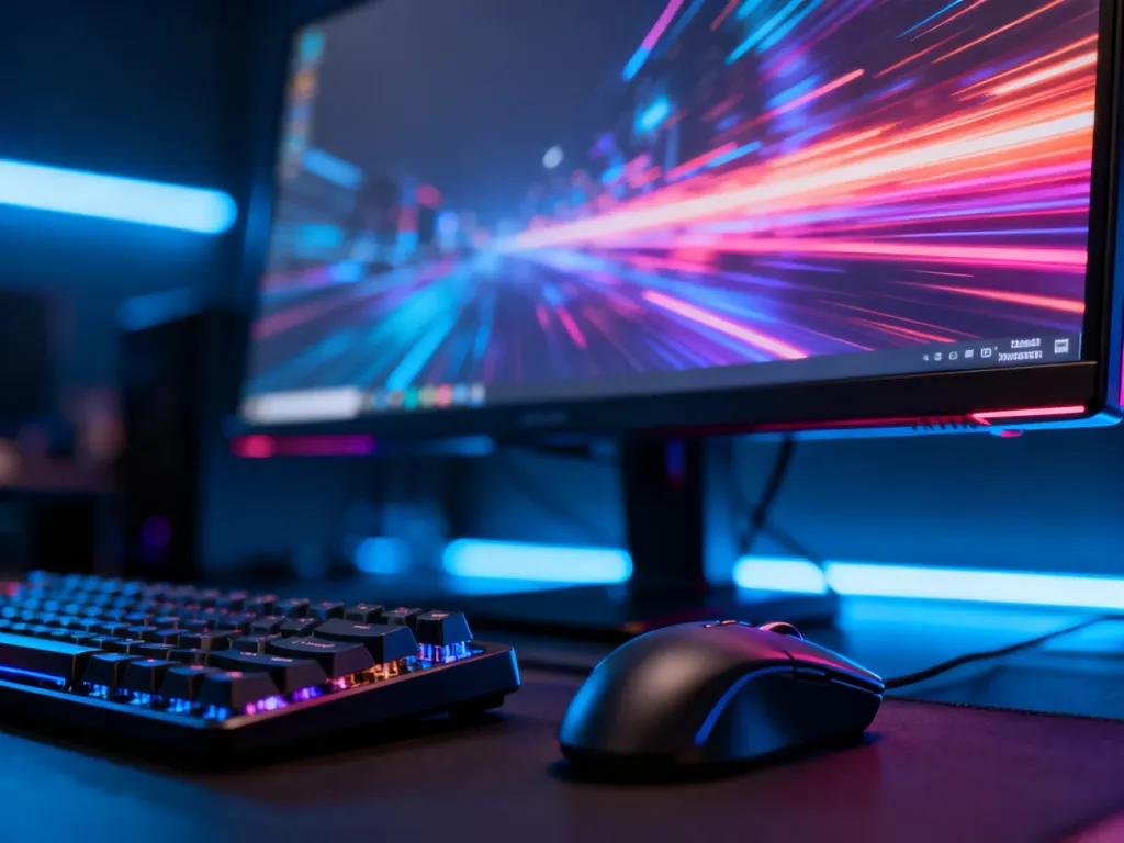 Monitor gamingowy wyświetlający płynny obraz bez zacięć w otoczeniu profesjonalnego stanowiska z oświetleniem LED.