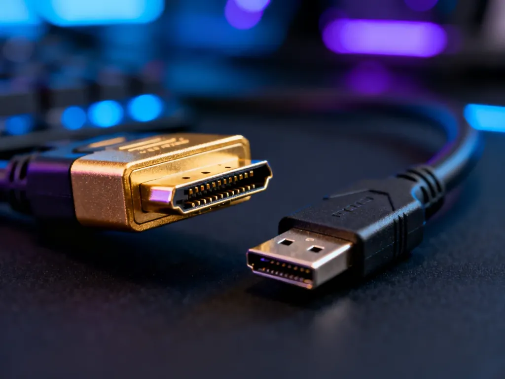 Zbliżenie na pozłacane złącza kabli HDMI i DisplayPort na tle nowoczesnego stanowiska gamingowego z niebieskim oświetleniem.