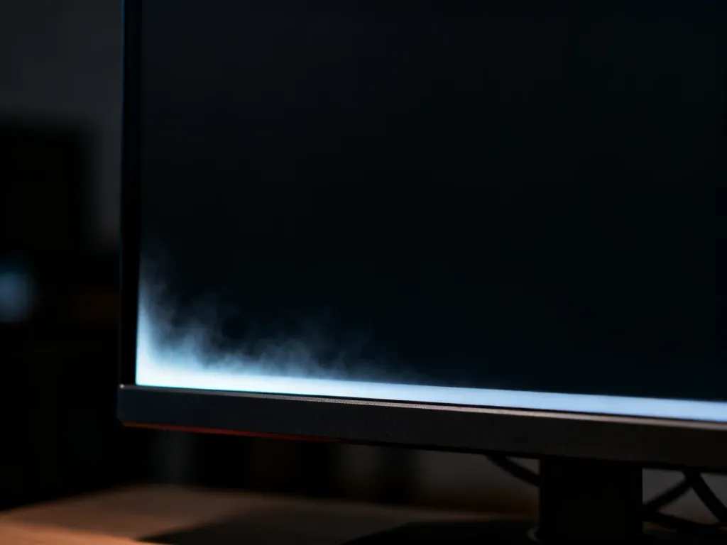 Monitor w ciemnym pokoju wyświetlający czarny ekran, na którym widoczne jest wyraźne podświetlenie krawędziowe (backlight bleed).
