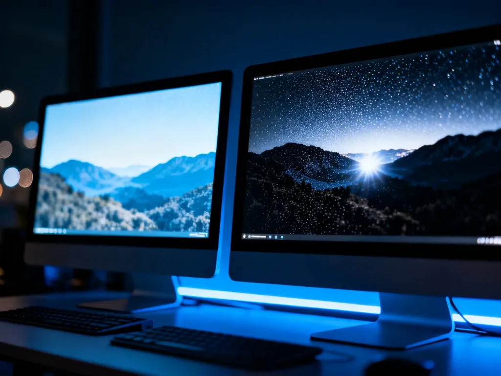 Porównanie dwóch monitorów ukazujące różnice w jasności i kontraście między standardowym obrazem a technologią HDR.