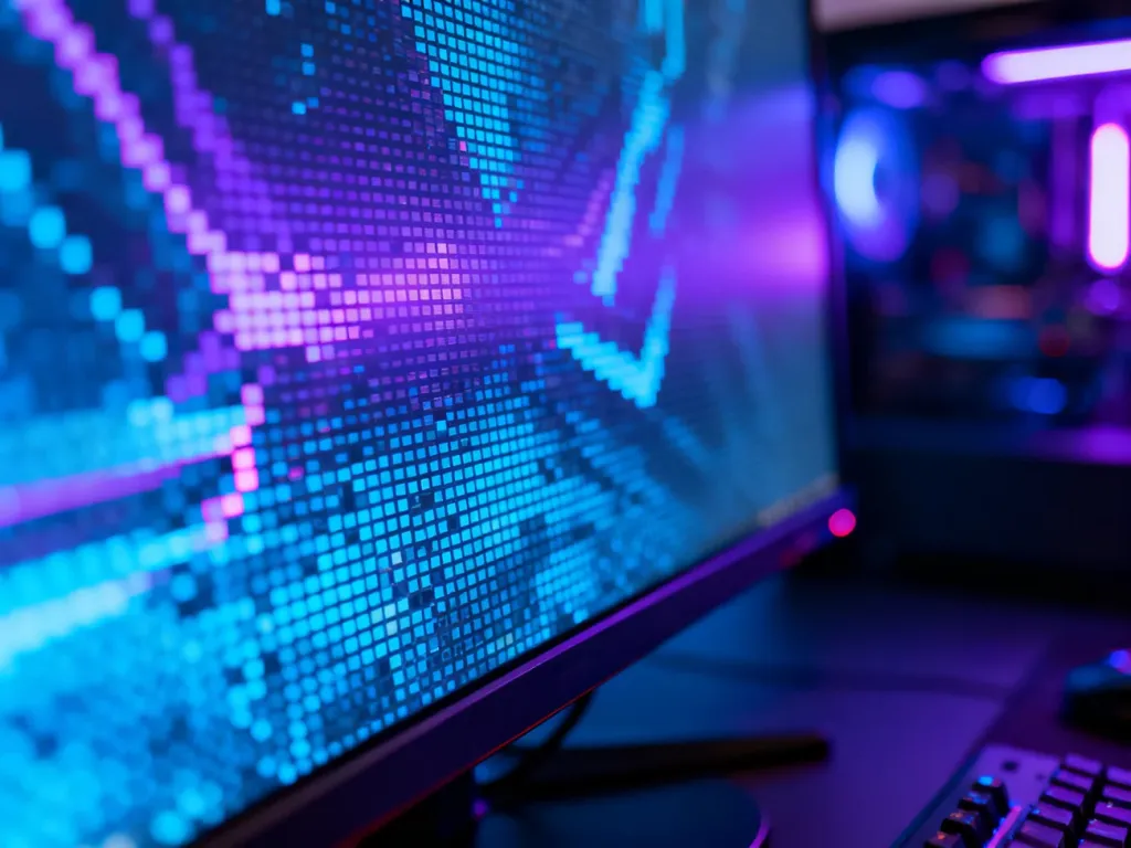 Zbliżenie na strukturę pikseli nowoczesnego monitora gamingowego z wyraźnymi kolorami i neonowym podświetleniem.