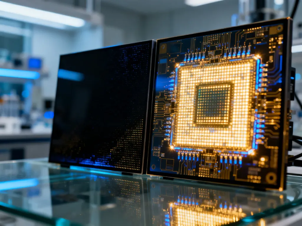 Porównanie struktury pikseli ekranów OLED z głęboką czernią oraz jasnych diod MicroLED w profesjonalnym zbliżeniu.