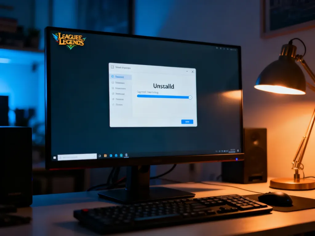 Pasek postępu odinstalowywania gry widoczny na ekranie komputera w domowym biurze.
