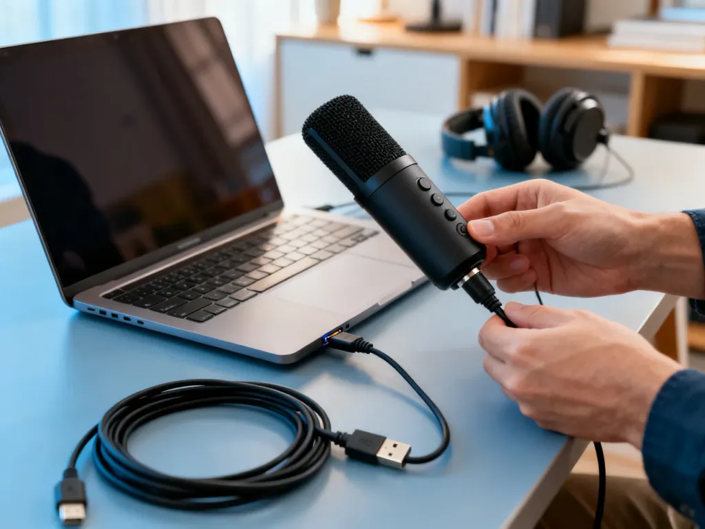 Dłonie podłączające mikrofon USB do portu w laptopie na uporządkowanym biurku. Ilustracja procesu konfiguracji sprzętu.