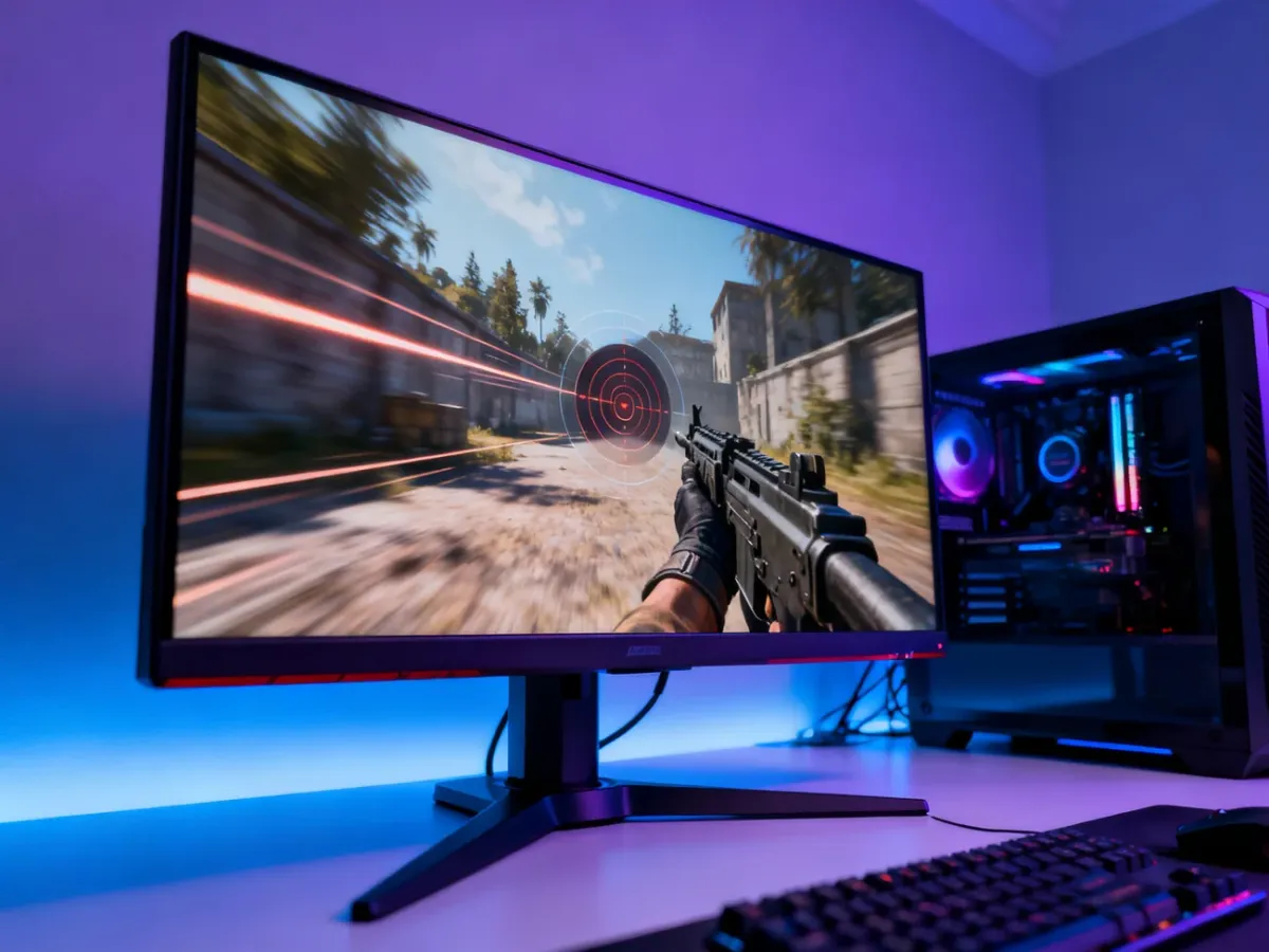 Gaming monitor showing a dynamic action scene on a modern computer desk