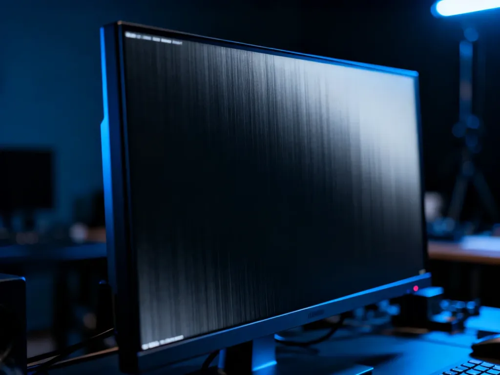 Monitor wyświetlający głęboką czerń z subtelnymi przejściami szarości, służący do precyzyjnej kalibracji obrazu.