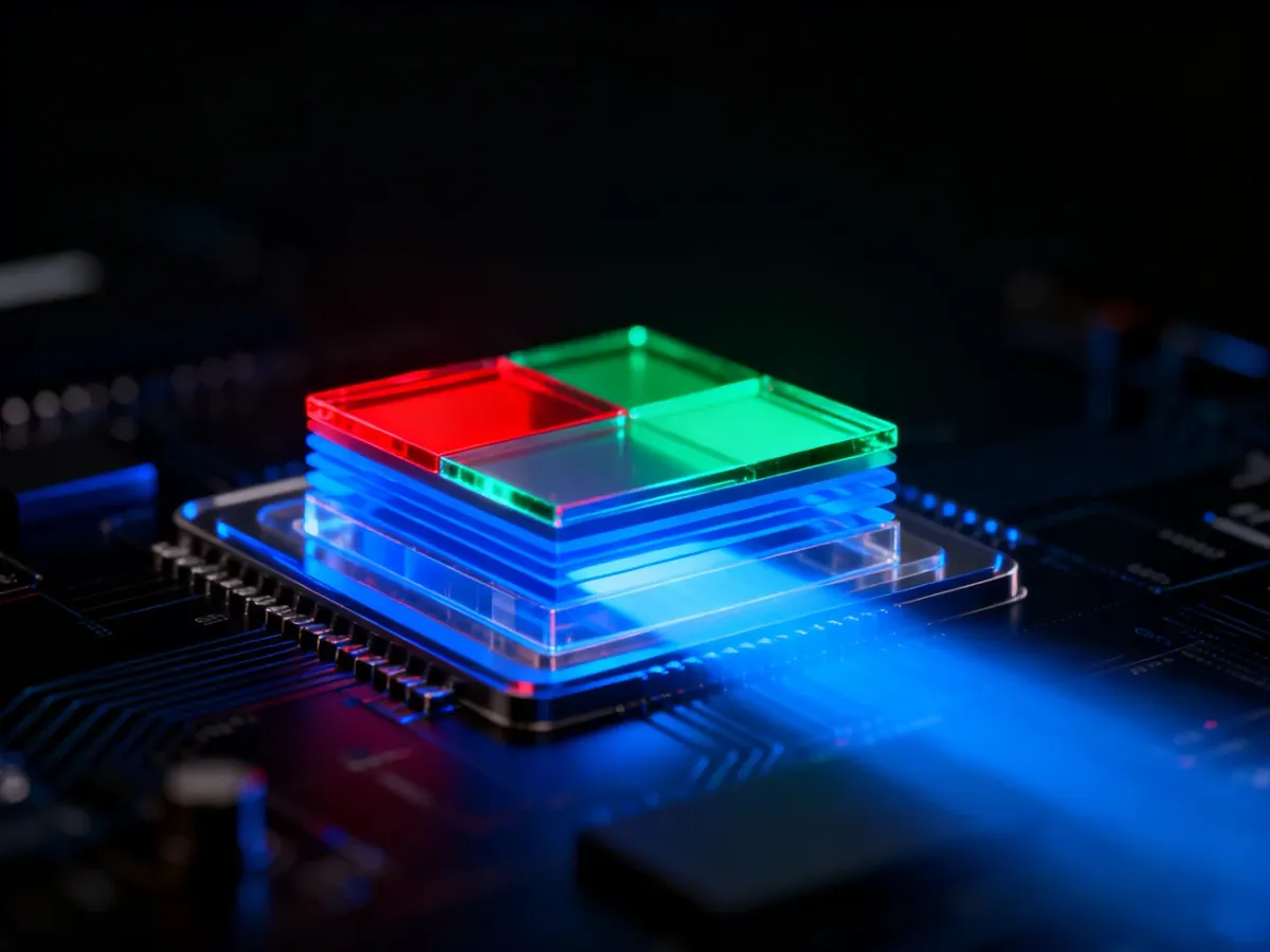 Przekrój piksela QD-OLED z niebieskim emiterem i warstwami kropek kwantowych