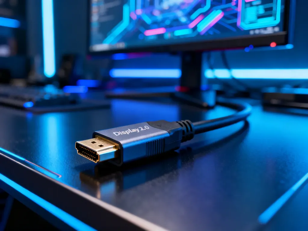 Złącze kabla DisplayPort 2.0 na nowoczesnym biurku gamingowym z rozmytym monitorem w tle.