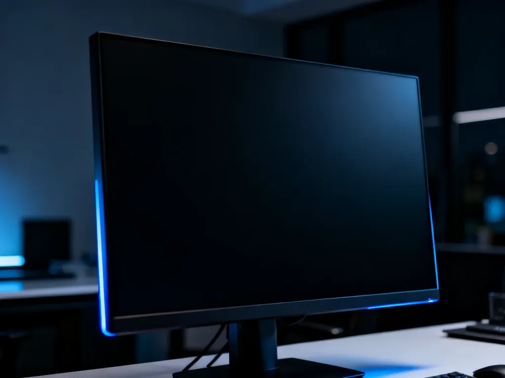 Wysokiej klasy monitor wyświetlający głęboką czerń w nowoczesnym, przyciemnionym biurze.