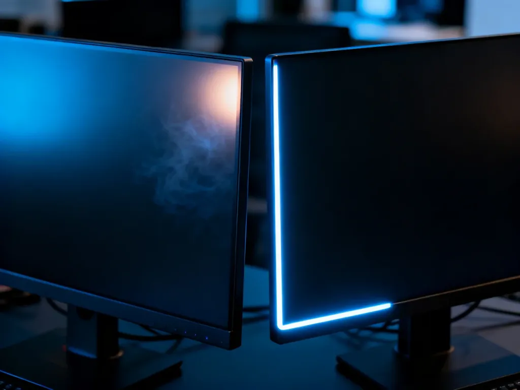 Porównanie dwóch monitorów w ciemnym pokoju: po lewej widoczny efekt IPS glow, po prawej wyraźne podświetlenie matrycy (backlight bleed).