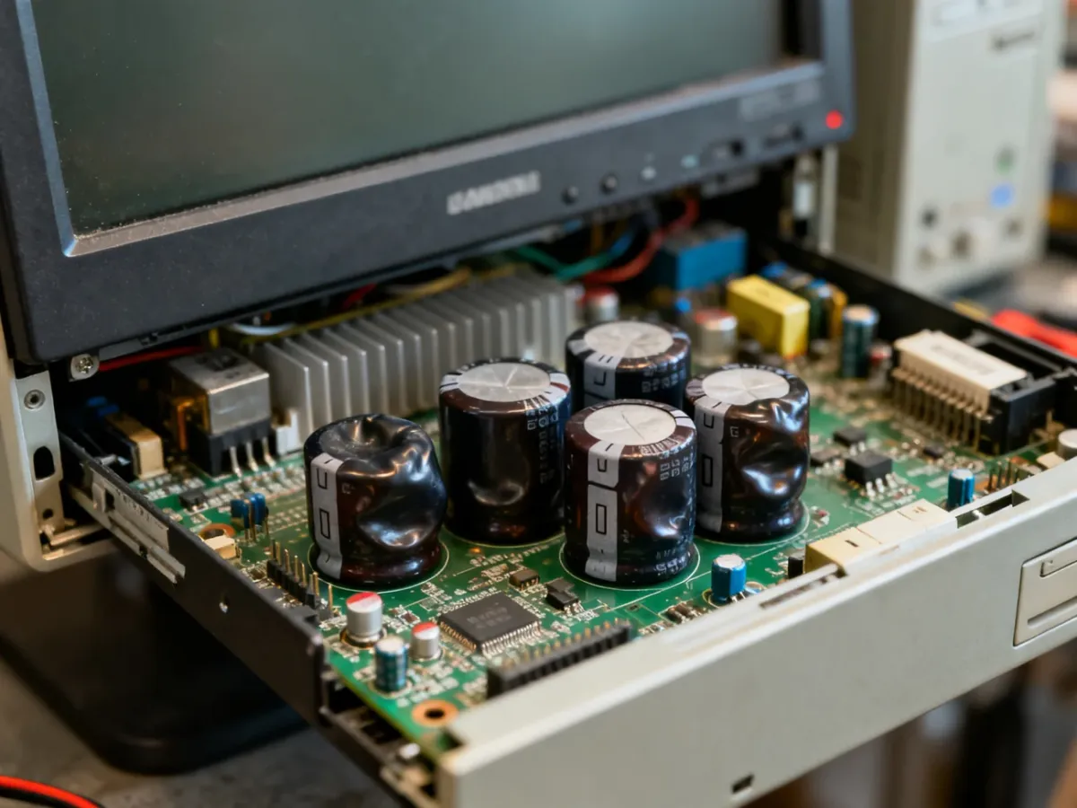 Spuchnięte kondensatory elektrolityczne na płytce zasilacza monitora