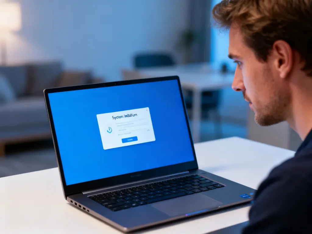 Mężczyzna skupiony na instalacji systemu Windows na laptopie w nowoczesnym biurze.