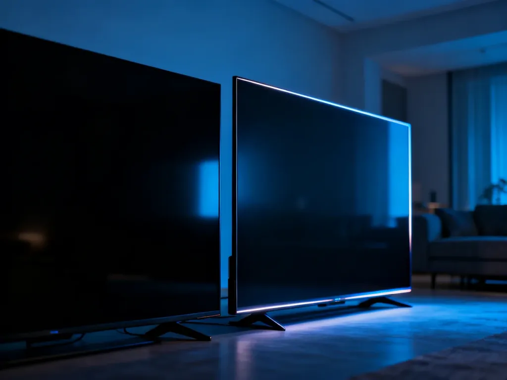Porównanie jakości czerni i podświetlenia dwóch telewizorów LED, ilustrujące różnice między technologiami krawędziową a pełną.