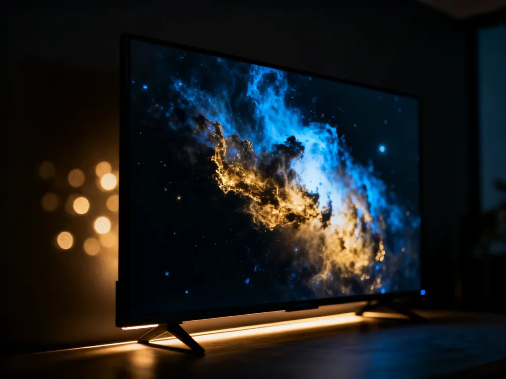 Ekran telewizora wyświetlający kolorową mgławicę na czarnym tle, obrazujący działanie technologii local dimming.