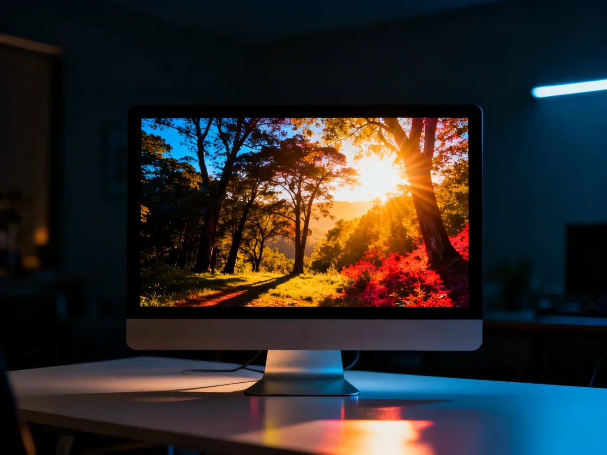 Monitor wyświetlający scenę HDR z jasnymi refleksami i głębokimi cieniami