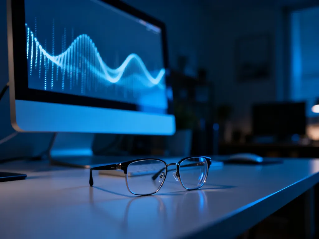 Okulary korekcyjne leżące na biurku przed monitorem emitującym migoczące światło, ilustrujące wpływ ekranu na wzrok.