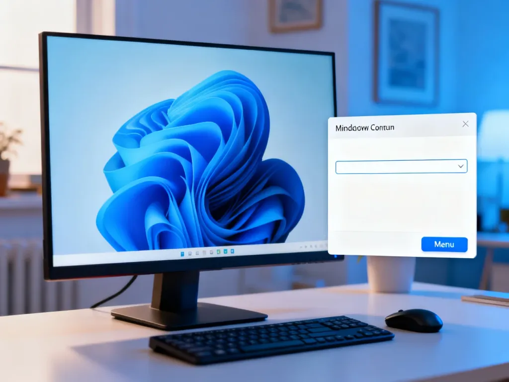 Monitor z otwartym menu kontekstowym Windows 11 oraz klasycznym przyciskiem wyboru w nowoczesnym biurze.