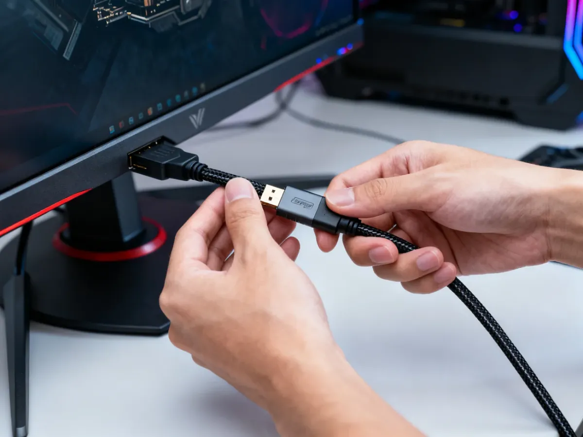 DisplayPort cable being connected between a gaming computer and monitor