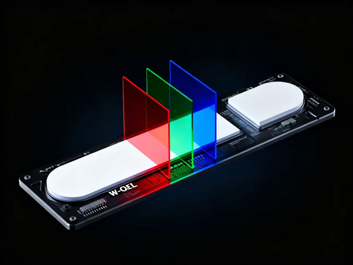 Przekrój piksela W-OLED z białym emiterem, filtrami RGB i białym subpikselem