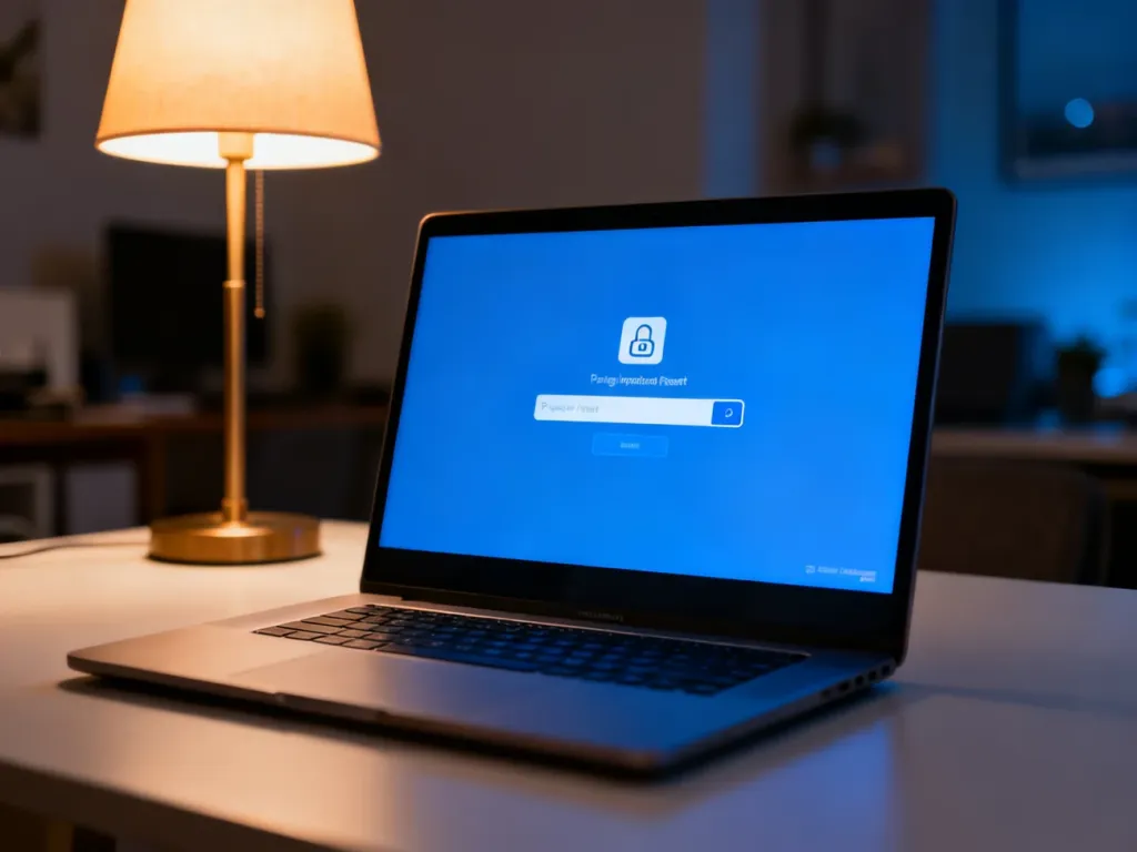 Ekran logowania do laptopa z widoczną opcją resetowania hasła w domowym biurze.